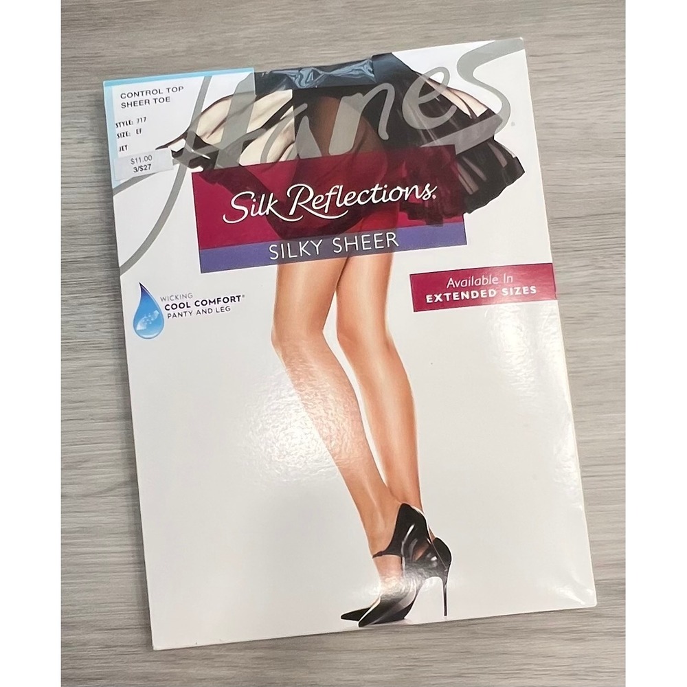Hanes Silk Reflections Silky Sheer Control Top Pantyhose Tights Jet Black Sz EF